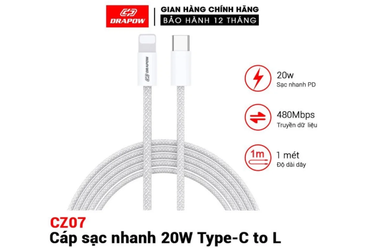 Tính năng nổi bật của dây sạc iPhone bọc dù Drapow CZ07 Type-C to Light ning