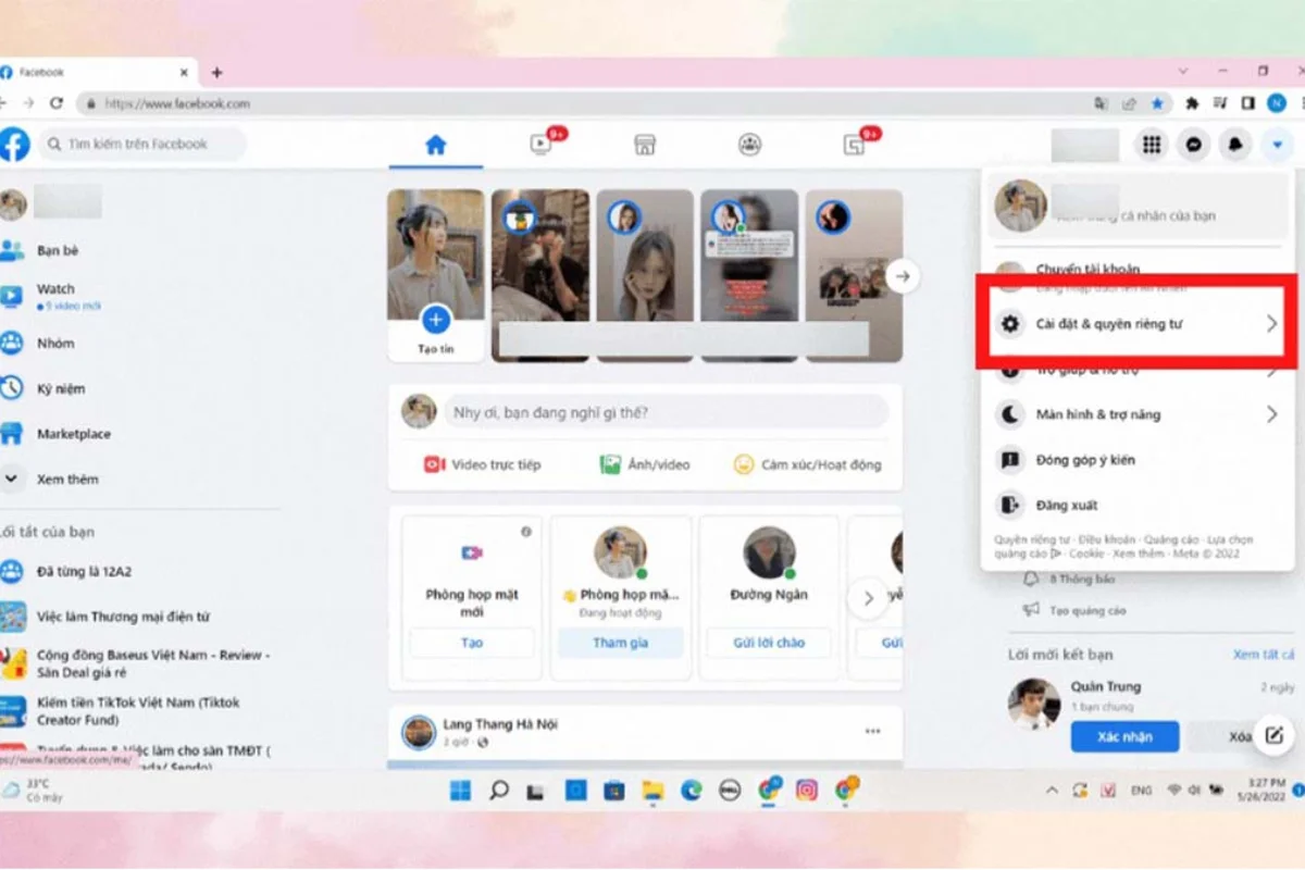 Mở Facebook và Chọn Cài Đặt & Quyền Riêng Tư