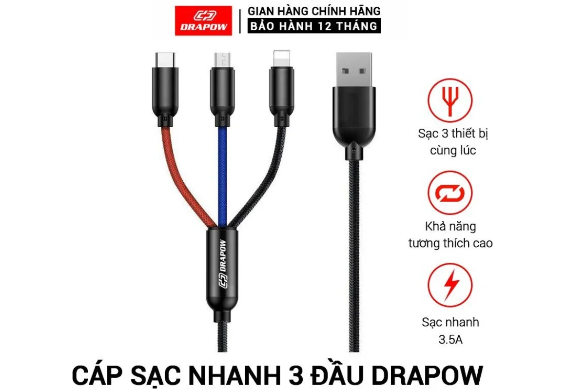 Đặc điểm nổi bật dây sạc 3 đầu Drapow CX01 Lightning - Type C - Micro USB