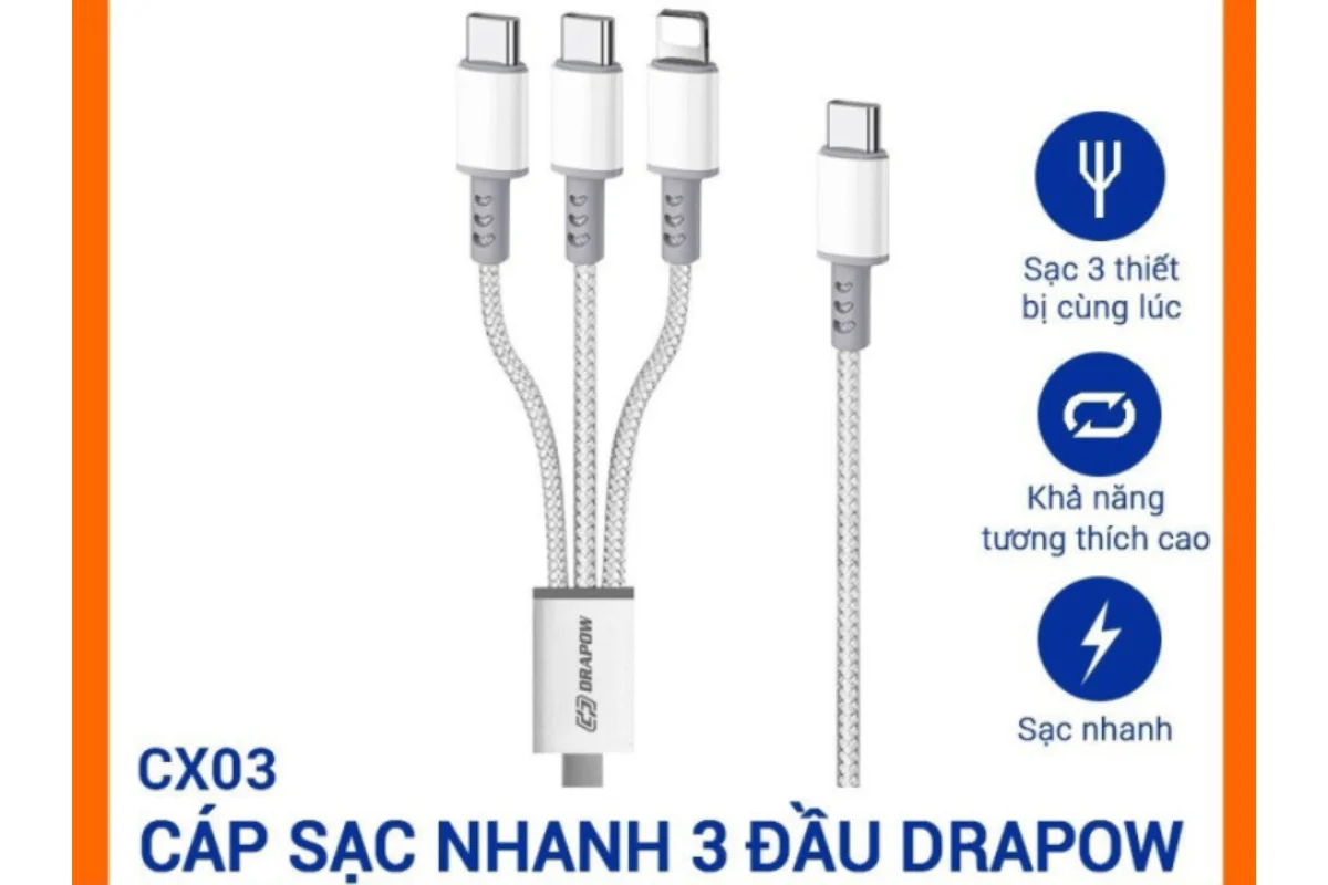 Đặc điểm nội bật của cáp sạc nhanh 3 đầu  12W Drapow CX03 ( Type-C to 2 Type-C + Lightning )