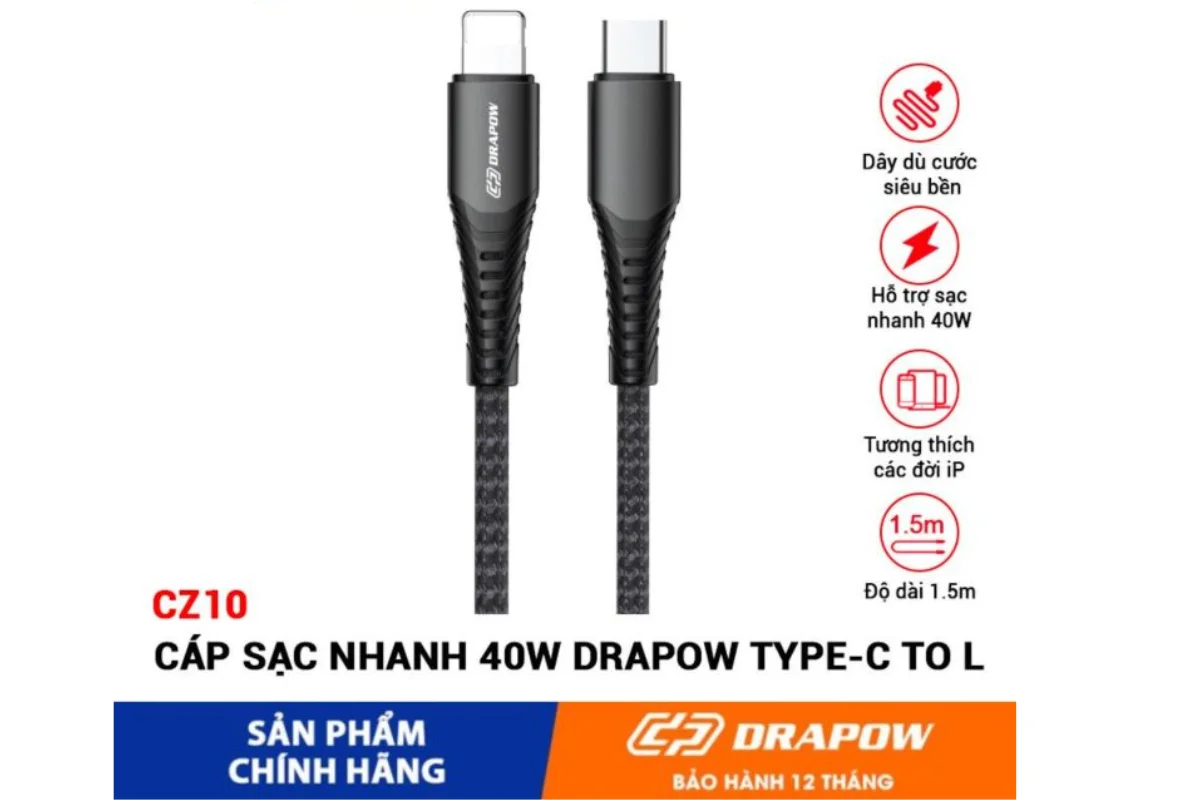 Đặc điểm nổi bật dây sạc nhanh iPhone bọc dù cước Drapow CZ10 1.5m Type-C to Lightning 