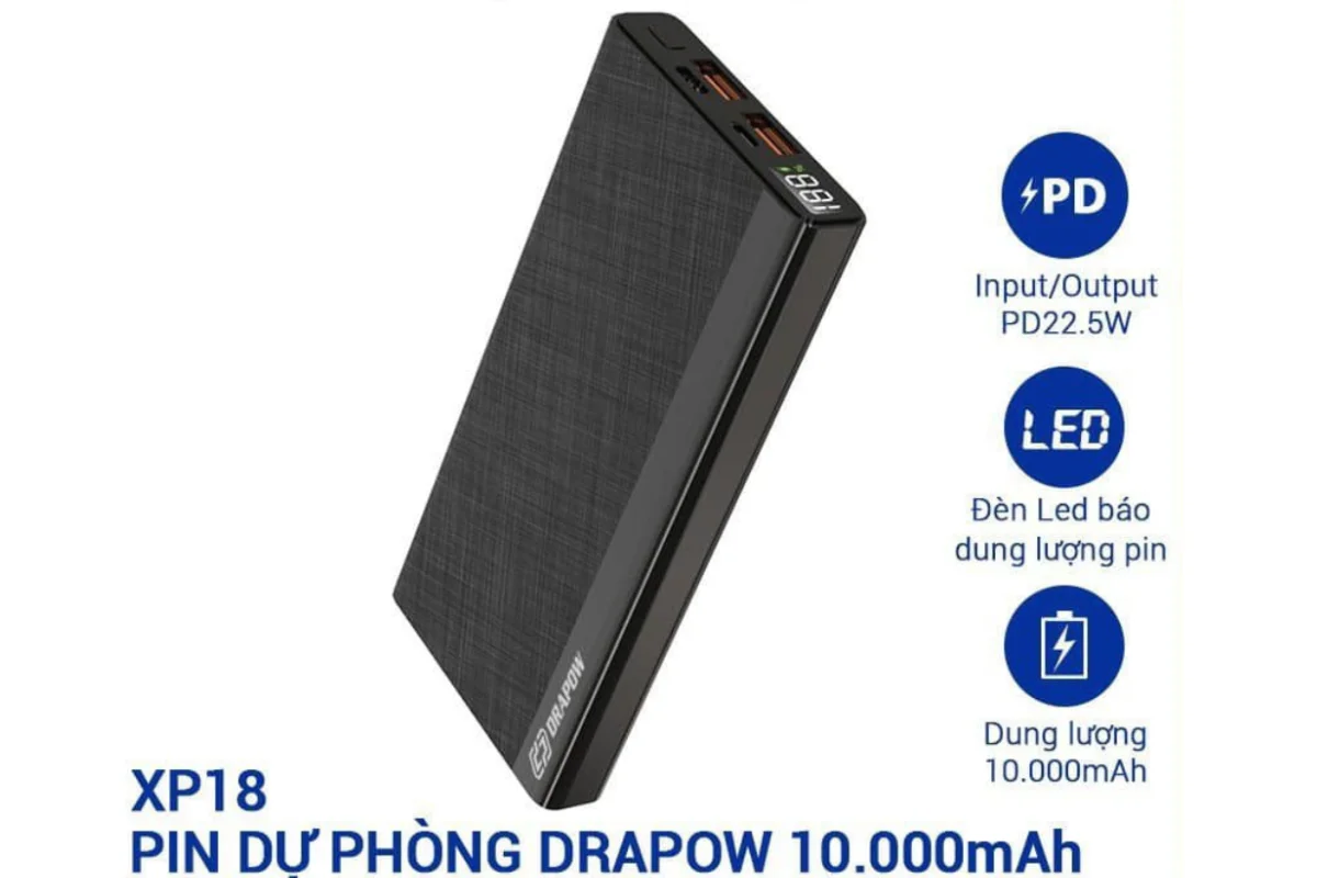 Thông số của sạc dự phòng 10.000 mAh Drapow XP 18 - 22.5W